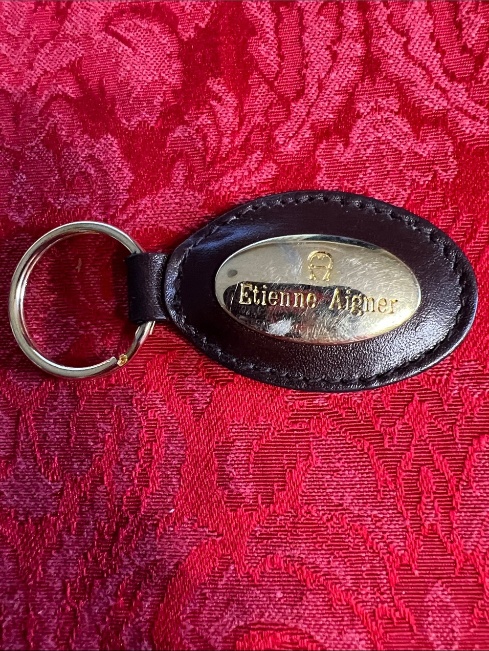 Etienne Aigner Brown Leather Key Fob Gold Tone Logo Keychain